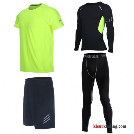 Heren Sportkleding Geschiktheid Groen Running Kleding Sport Korte Broek Korte Mouw Fluo Snel Droog