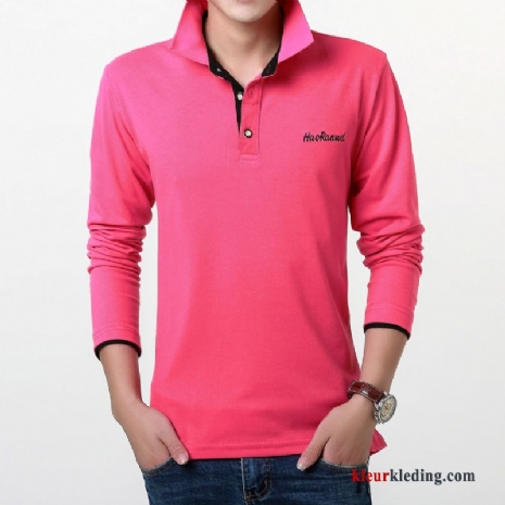 Heren T-shirt Lange Mouw Revers Polo Mannelijk Jeugd Voorjaar Overhemd Roze