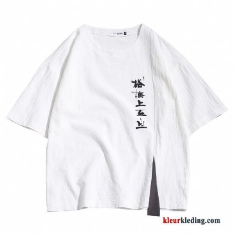 Heren T-shirts Halve Mouw Wit Chinese Stijl Katoen En Linnen Losse Ronde Hals Zomer