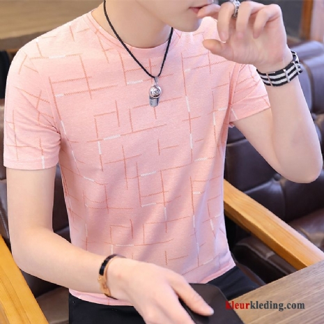 Heren T-shirts Ronde Hals Roze Slim Fit Korte Mouw Ijszijde Trend Nieuw Mannelijk