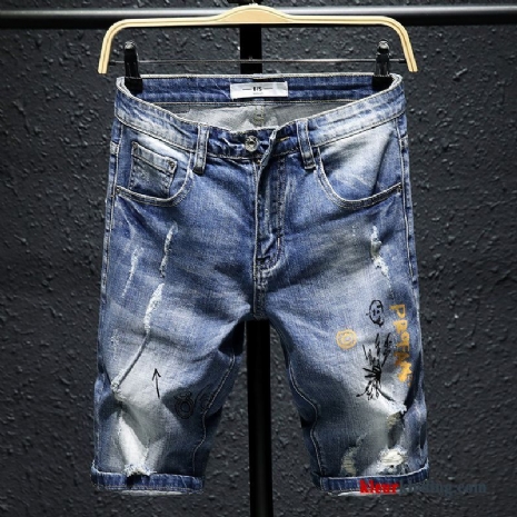 Heren Trend Blauw Zomer Dunne Korte Broek Gaten Denim