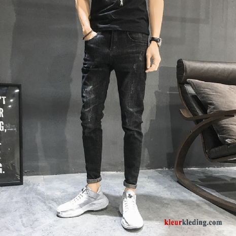 Heren Trendy Merk Broek Dunne Spijkerbroek Jeans Elastiek Mini Rood Zwart