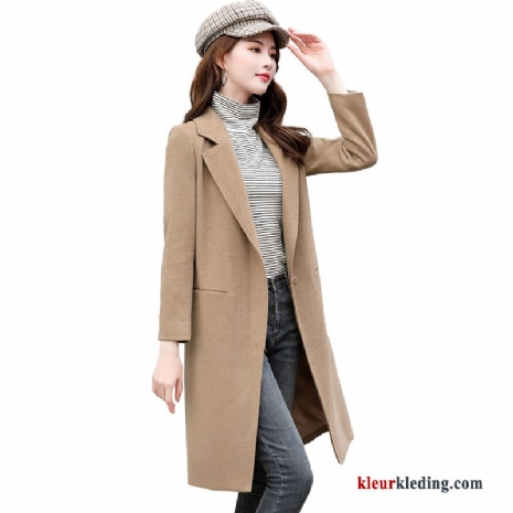 Herfst Jas Wol Slim Fit Mode Lang Trend Dames Licht Bruin