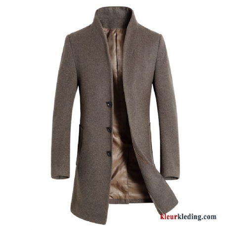 Herfst Lang Trenchcoat Wol Jas Wol Khaki Heren Slim Fit