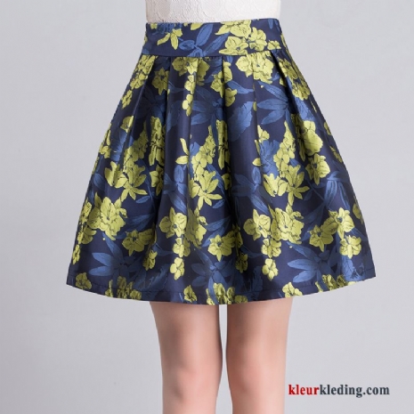 Hoge Taille Korte Rokjes Bloemen Geplooide Blauw Bedrukken Herfst Mode Dames