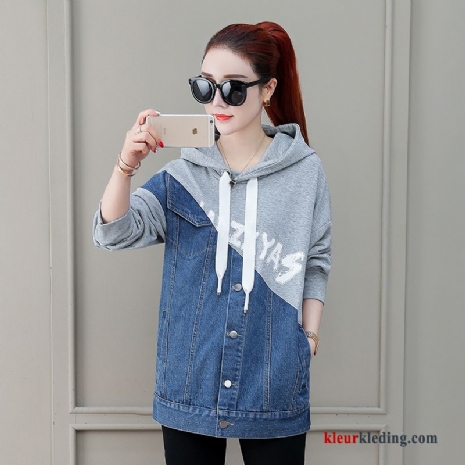 Honkbal Herfst Losse Denim Lange Mouwen Hoodie Grijs Trend Dames