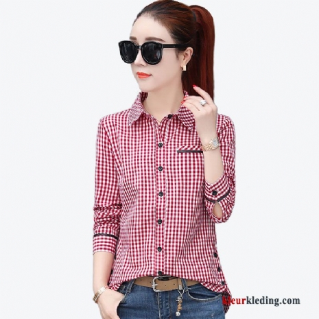 Lange Mouwen Jasje Vrouw Rood Geruit Dames Trend Blouse Overhemd