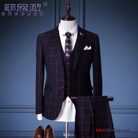 Mannelijk Geruit Pak Bruiloft Heren Rood Slim Fit Brits