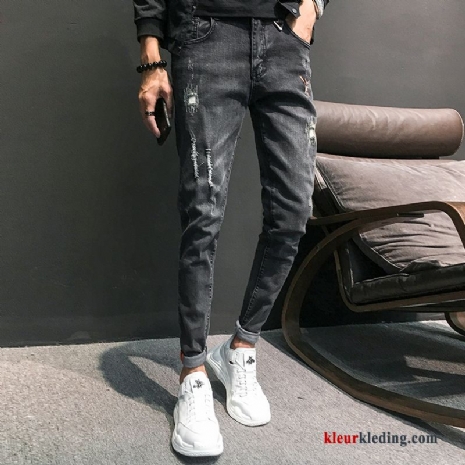 Mini Elastiek Spijkerbroek Jeans Borduurwerk Super Zwart Heren Gaten