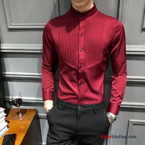 Mode Overhemd Rood Herfst Lange Mouwen Grote Maten Slim Fit Trend Heren