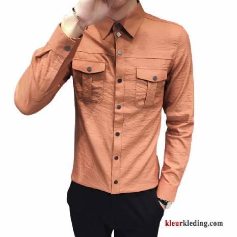 Overhemd Heren Persoonlijk Zak Voorjaar Bedrijf Trend Lange Mouwen Casual Oranje