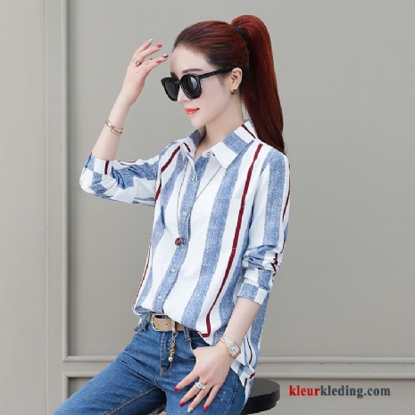 Overhemd Jasje Denim Dames Streep Lange Mouwen Blouse Overhemd Chiffon