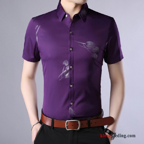 Overhemd Kort Mouw Heren Mannelijk Purper Bedrukken Overhemd Trend Slim Fit Zomer