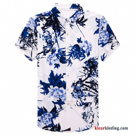 Overhemd Kort Mouw Korte Mouw Halve Mouw Chinese Stijl Blauw Inkt Trend Bedrukken Overhemd Heren