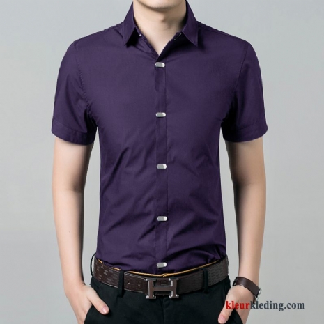 Overhemd Kort Mouw Overhemd Wit Werk Heren Purper Slim Fit Trend Zomer