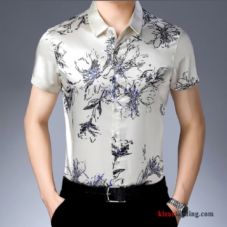 Overhemd Kort Mouw Rimpel Bloemen Wit Middelbare Leeftijd Mannelijk Korte Mouw Heren Overhemd