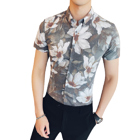 Overhemd Kort Mouw Trend Overhemd Casual Bloemen Slim Fit Vintage Mooi Grijs Heren