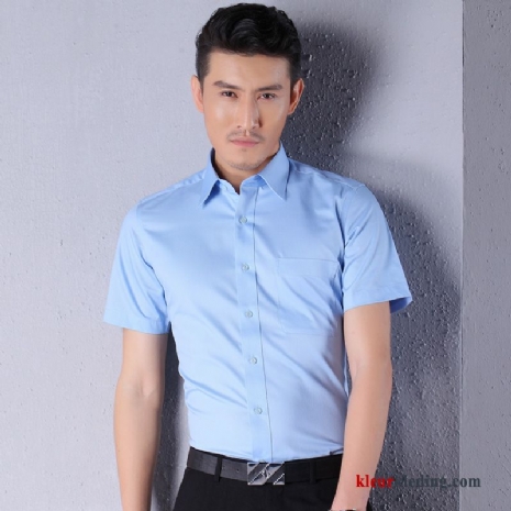 Overhemd Kort Mouw Werkkleding Zomer Blauw Mannelijk Bedrijf Overhemd Slim Fit Wit Heren