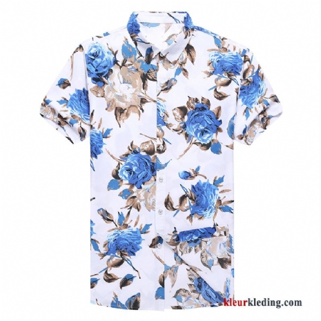 Overhemd Kort Mouw Zomer Chinese Stijl Patroon Overhemd Blauw Persoonlijk Bedrukken Mannelijk Heren