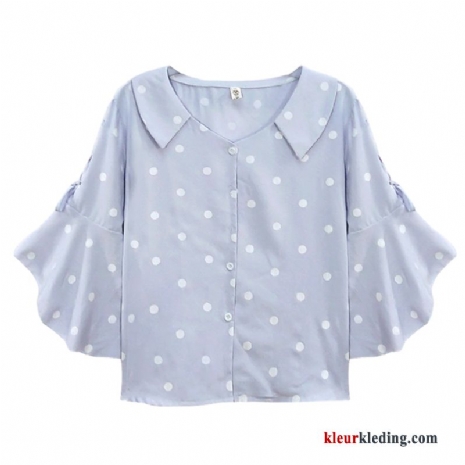 Overhemd Korte Mouw Jasje Blouse Overhemd Voorjaar Dames Blauw Zomer Mouw Chiffon