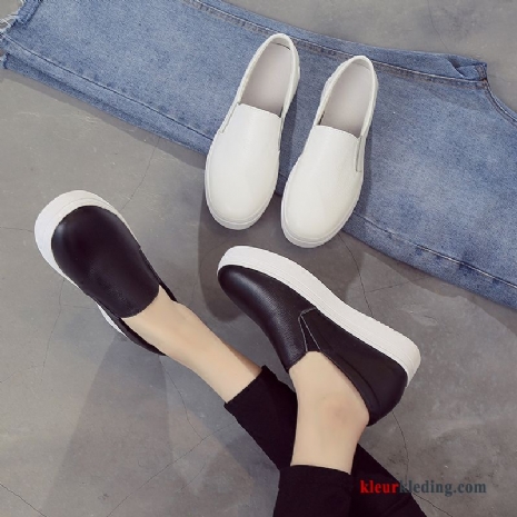 Platform Schoenen Sleehak Slip On 2018 Loafers Schoenen Echt Leer Pumps Plateauzool Dames Wit Zwart