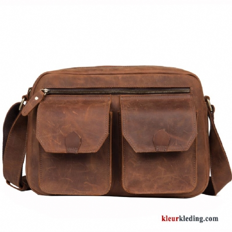 Schoudertas Tas Vintage Messenger Tas Met De Hand Lederen Licht Leer Heren Bruine