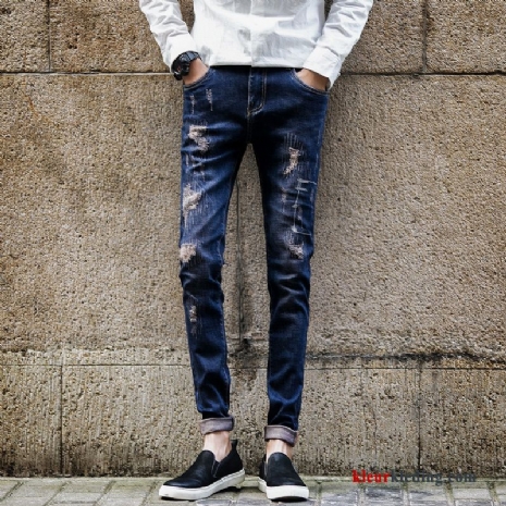 Spijkerbroek Gaten Slim Fit Broek Heren Voorjaar Donkerblauw Mini Mannelijk