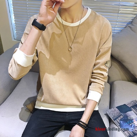 T-shirt Lange Mouw Hoodie Slim Fit Ronde Hals Herfst Khaki Onderhemd Heren Trend