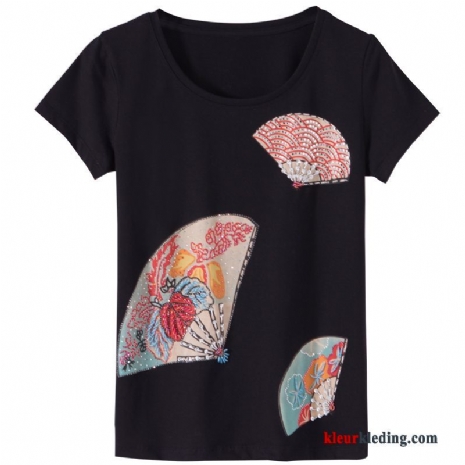 T-shirts Bedrukken Nieuw Katoen Dunne Korte Mouw Zwart Slim Fit Dames