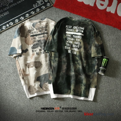 T-shirts Hip-hop Trendy Merk Camouflage Losse Korte Mouw Mannelijk Groen Heren