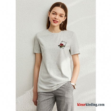 T-shirts Korte Mouw Wit Zomer Dames Geborduurde Mode Nieuw Dunne
