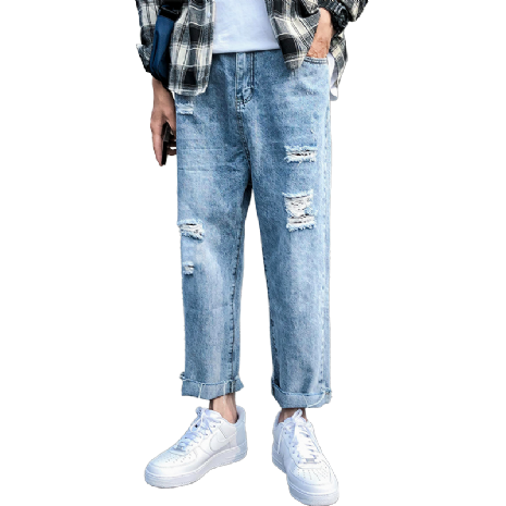 Trendy Merk Dunne Losse Rechtdoor Mannelijk Zomer Spijkerbroek Jeans Gaten Heren