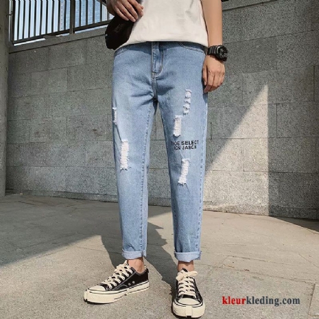 Trendy Merk Dunne Rechtdoor Blauw Zomer Spijkerbroek Jeans Heren Gaten