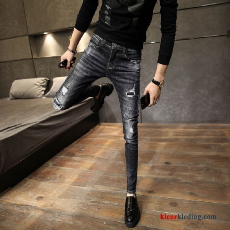 Vintage Trend Slim Fit Mannelijk Gaten Mode Spijkerbroek Jeans Grijs Heren