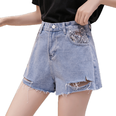 Zomer Spijkerbroek Jeans Korte Broek Pailletten Hoge Taille Nieuw Dunne Blauw Dames